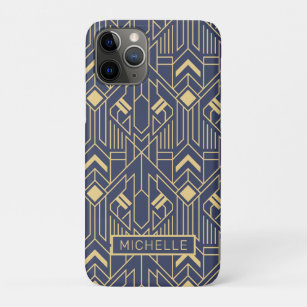 Art Deco Blue Gold Geometric Personalized Name iPhone 11 Pro Case
