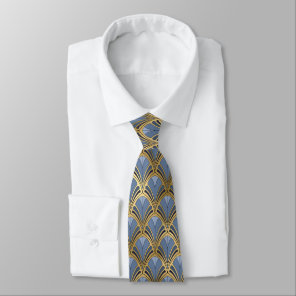Art Deco Blue Gold Vintage Geometric Fan Pattern Neck Tie