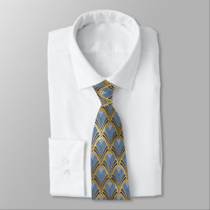 Art Deco Blue Gold Vintage Geometric Fan Pattern Neck Tie