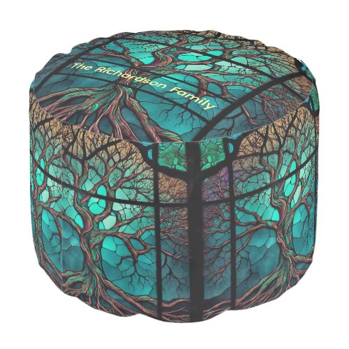 Art Deco Blue Green  Tree of Life  Scripted Pouf