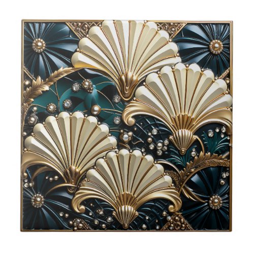 Art Deco Blue Ivory Gems and Gold Fan Ceramic Tile