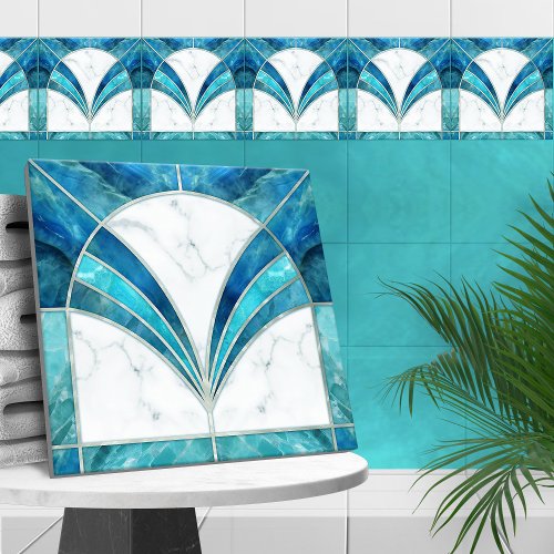 Art Deco Blue Marble and Aquamarine Ceramic Tile