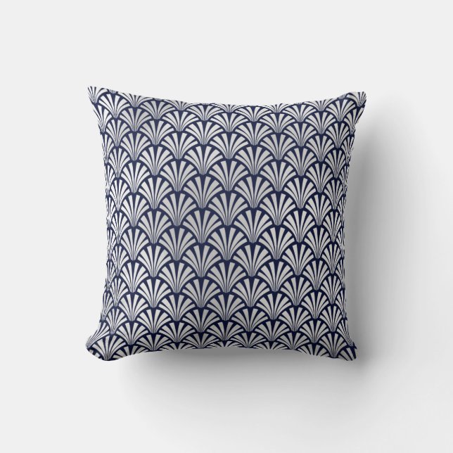Art Deco Blue Navy Silver Gray Scales Seashells Throw Pillow (Front)