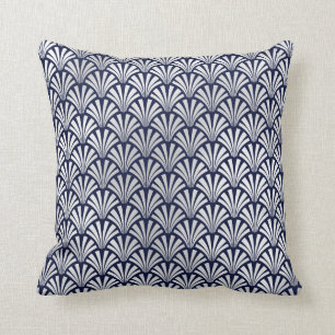 Art Deco Blue Navy Silver Gray Scales Seashells Throw Pillow