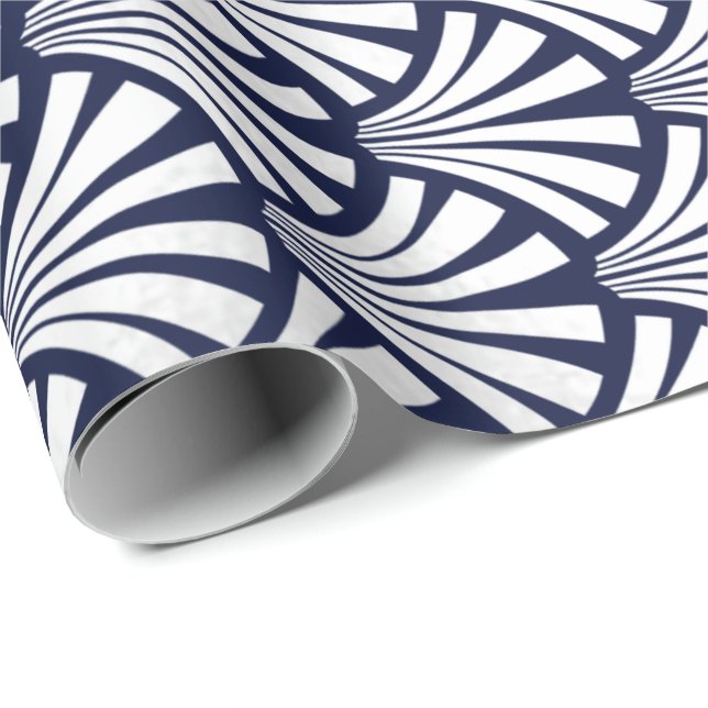 Art Deco Blue Navy  Silver Gray Scales Seashells Wrapping Paper (Roll Corner)