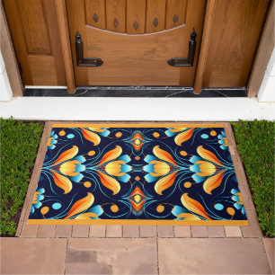 Art Deco blue orange flowers Doormat