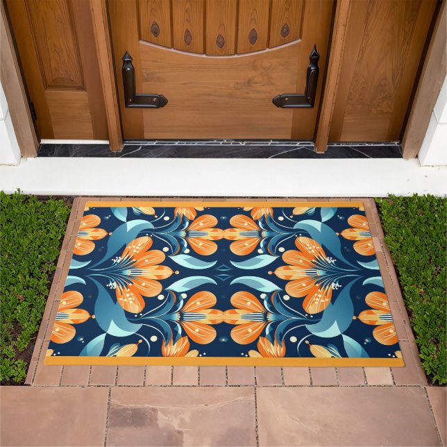 Art Deco blue orange flowers Doormat (Outdoor)