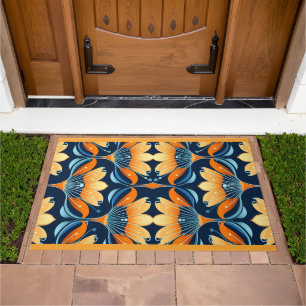 Art Deco blue orange flowers Doormat