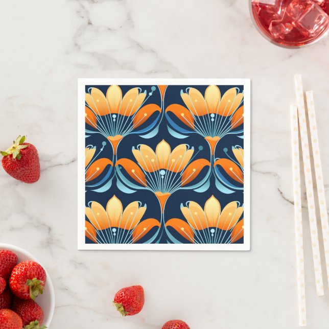 Art Deco blue orange flowers Napkins (Insitu)