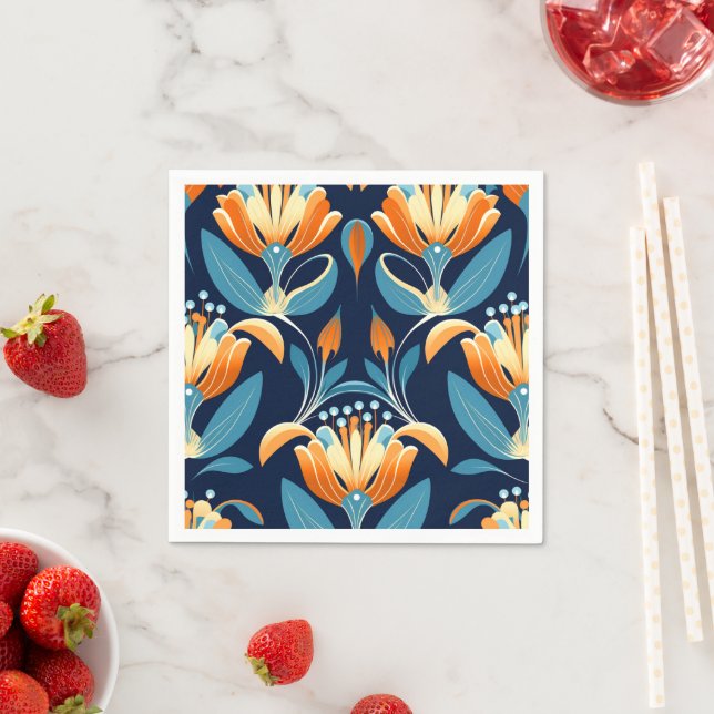 Art Deco blue orange flowers Napkins (Insitu)