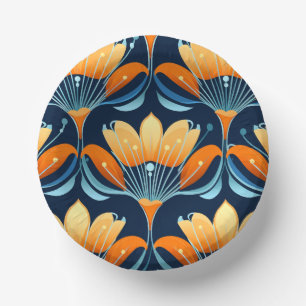 Art Deco blue orange flowers Paper Bowls