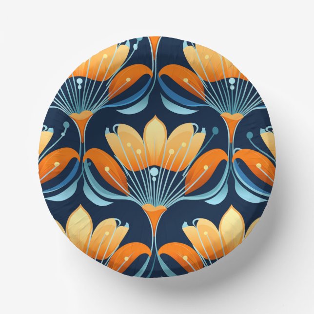 Art Deco blue orange flowers Paper Bowls (Front)