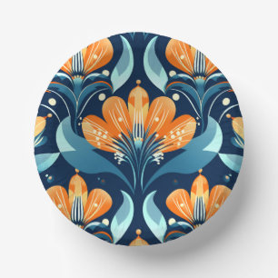 Art Deco blue orange flowers Paper Bowls