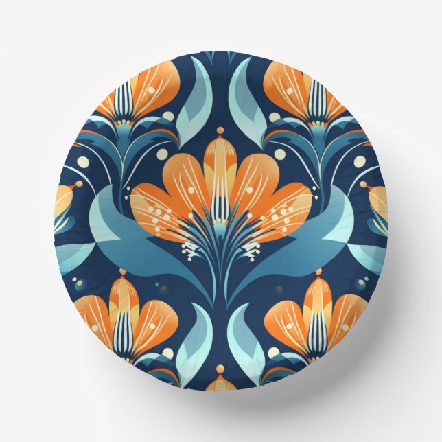 Art Deco blue orange flowers Paper Bowls (Front)