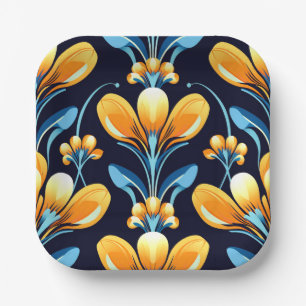 Art Deco blue orange flowers Paper Plates