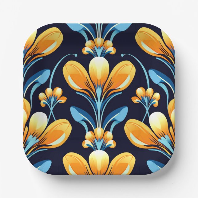 Art Deco blue orange flowers Paper Plates (Front)