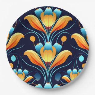 Art Deco blue orange flowers Paper Plates