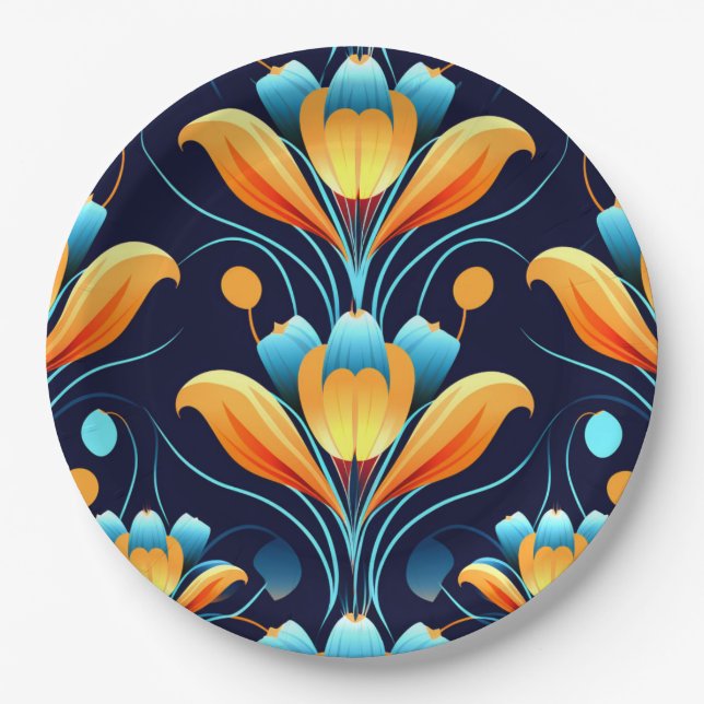 Art Deco blue orange flowers Paper Plates (Front)