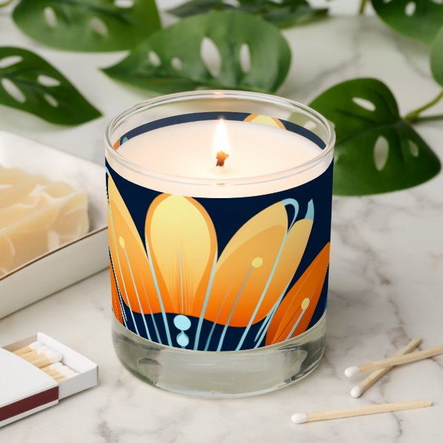 Art Deco blue orange flowers Scented Candle (Lit)