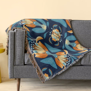 Art Deco blue orange flowers Throw Blanket