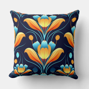 Art Deco blue orange flowers Throw Pillow