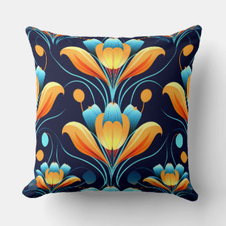 Art Deco blue orange flowers Throw Pillow