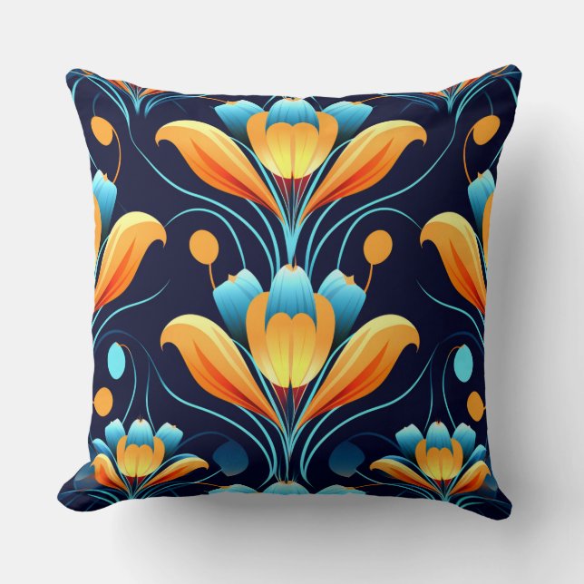 Art Deco blue orange flowers Throw Pillow (Front)