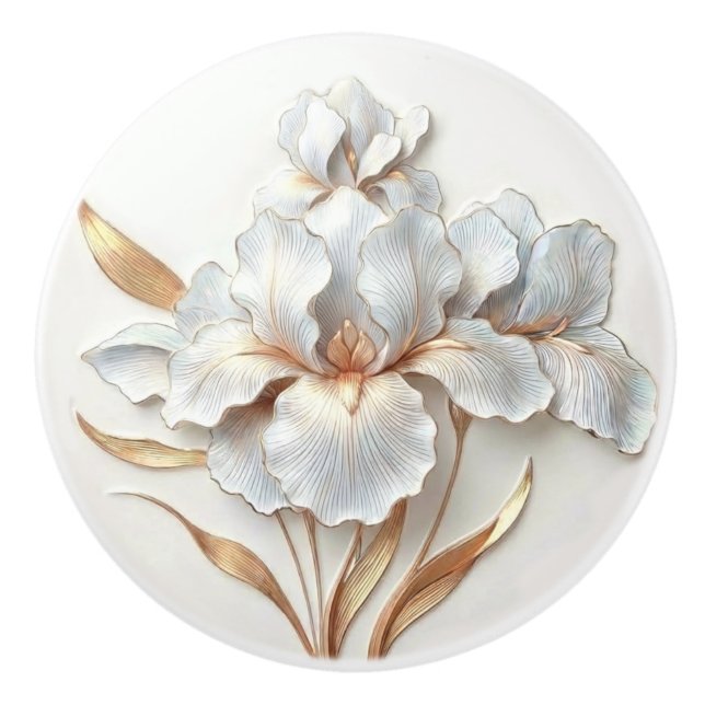 Art Deco Blue Rose Gold Stylized Lilies Ceramic Knob (Front)