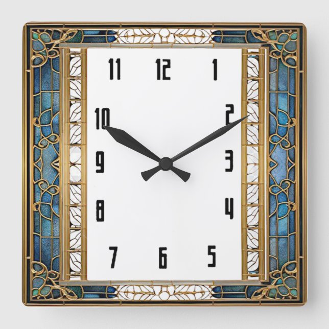 Art Deco Blue Square Wall Clock (Front)