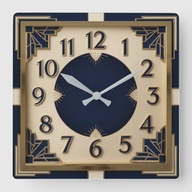 Art Deco Blue Square Wall Clock (Front)