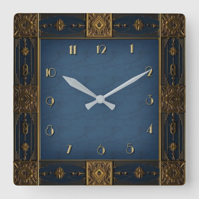 Art Deco Blue Square Wall Clock (Front)