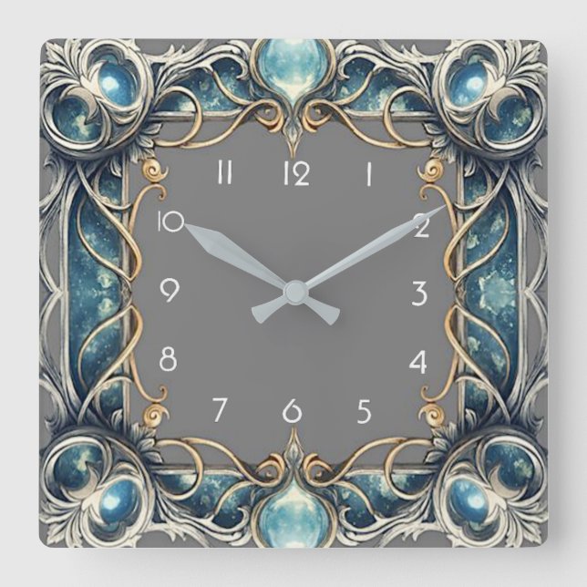 Art Deco Blue Square Wall Clock (Front)