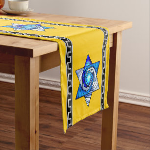 Art Deco Blue Stained Glass Magen David on Yellow Short Table Runner
