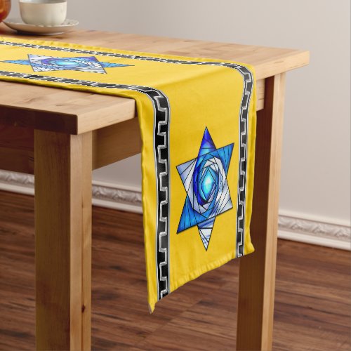 Art Deco Blue Stained Glass Magen David on Yellow Short Table Runner