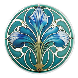 Art DEco Blue Stylized Lily 2 Ceramic Knob