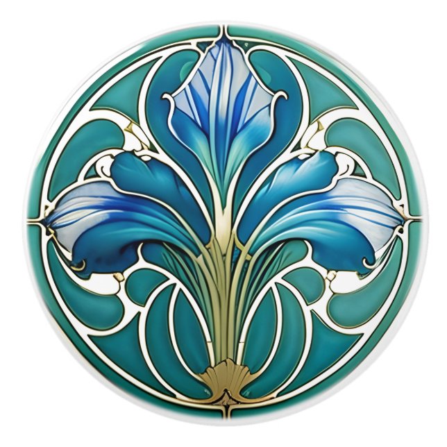 Art DEco Blue Stylized Lily 2 Ceramic Knob (Front)
