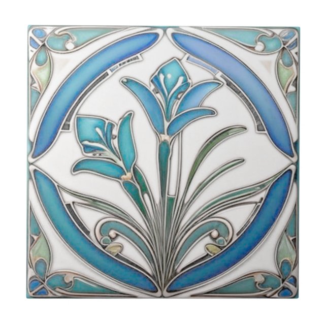 Art Deco Blue Stylized Lily Ceramic Tile (Front)