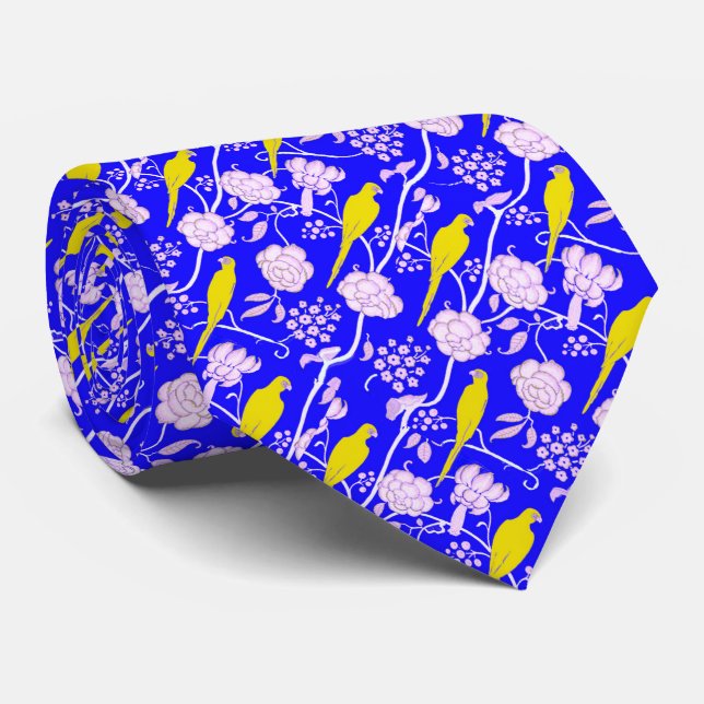 ART DECO BLUE WHITE FLOWERS WITH YELLOW PARROTS NECK TIE (Rolled)