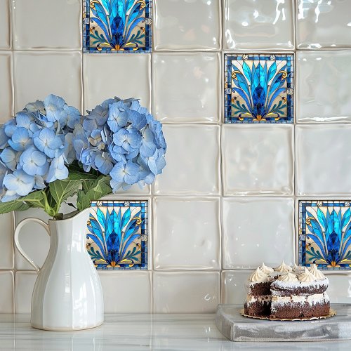 Art Deco Blue White Gold Flower Petals  Ceramic Tile