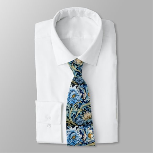 Art Deco Blue  White Peonies William Morris Style Neck Tie