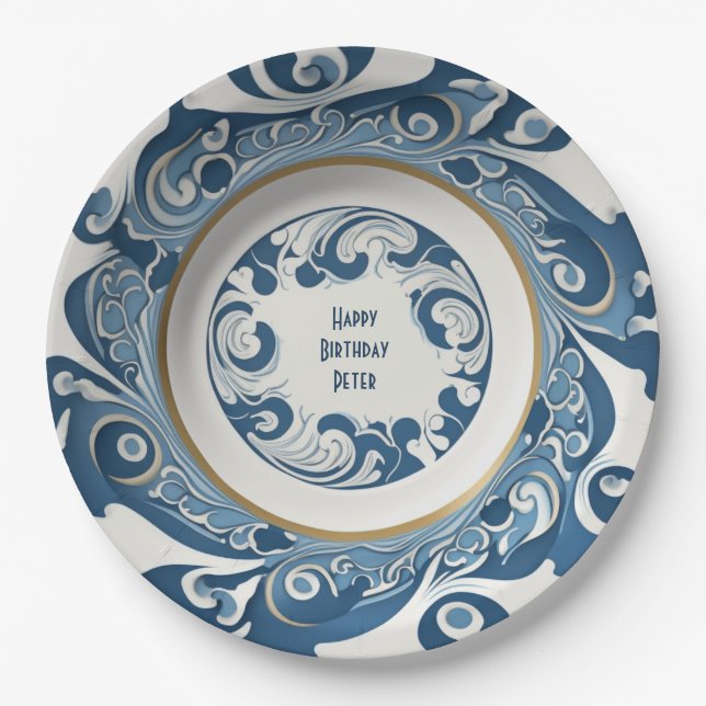 Art-Deco Blue/White Porcelain Design Personalized Paper Plates (Front)