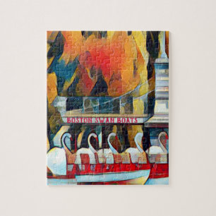 Art Deco Boston Swan Boats on black background Jigsaw Puzzle