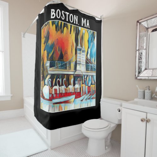 Art Deco Boston Swan Boats on black background Shower Curtain