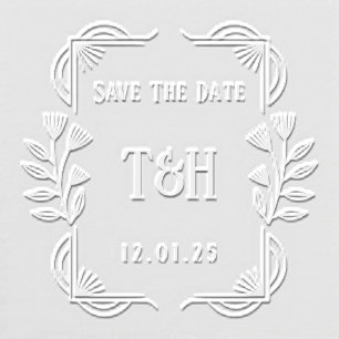 Art Deco Botanical Frame Monogram Save The Date Embosser