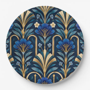 Art Deco Botanical Pattern. Sapphire Blue Paper Plates