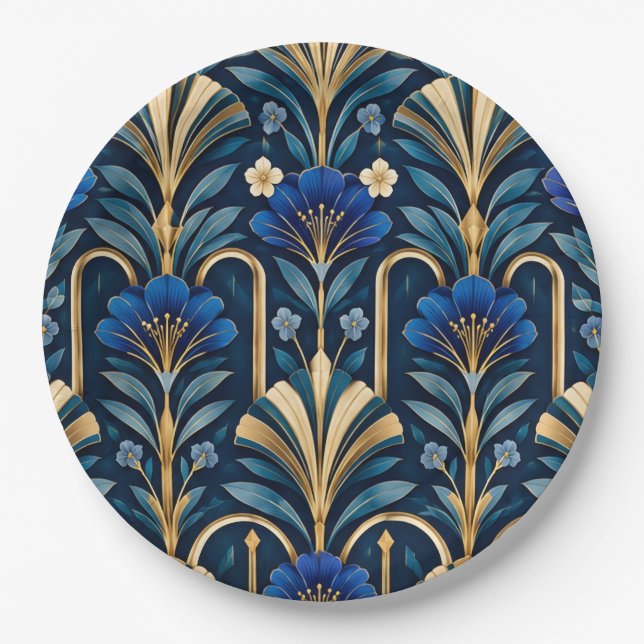 Art Deco Botanical Pattern. Sapphire Blue Paper Plates (Front)