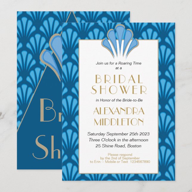 Art Deco Bridal Shower Blue Vintage Invitation (Front/Back)