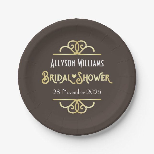 Art Deco Bridal Shower Elegant Gold Chocolate Paper Plates (Front)