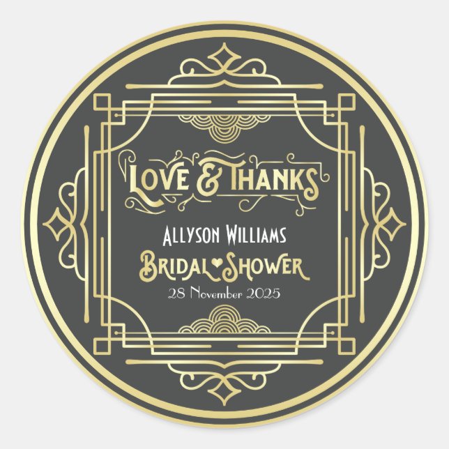 Art Deco Bridal Shower Elegant Gold Gray Favor Classic Round Sticker (Front)