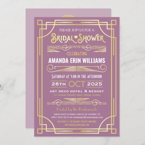 Art Deco Bridal Shower Elegant Gold Lilac Retro Invitation